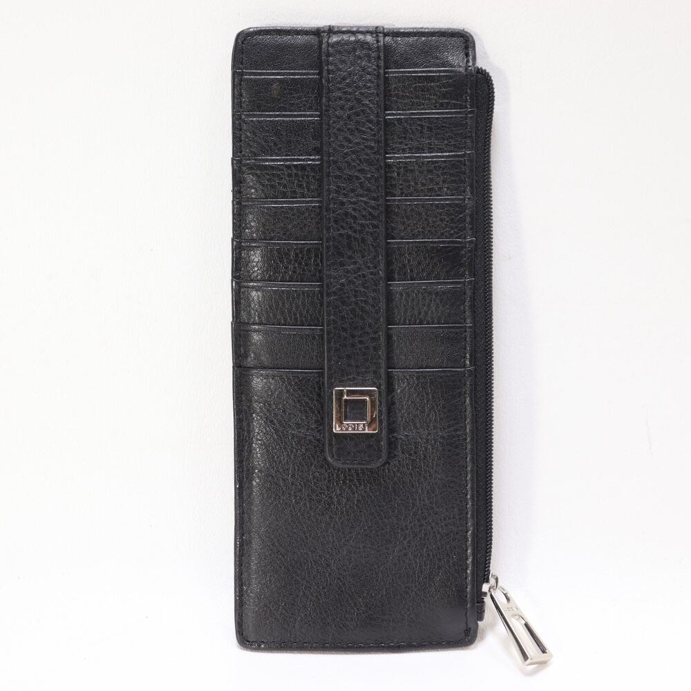 Lodis Julia Leather Cardholder Wallet Black Pebbled 8 Cards ID Cash Silver Tone